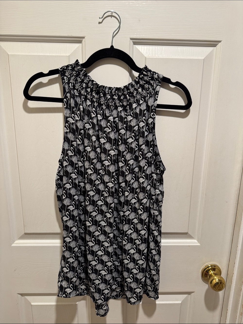 LOFT Black & White Flamingo Print Sleeveless Ruffle-Neck Blouse